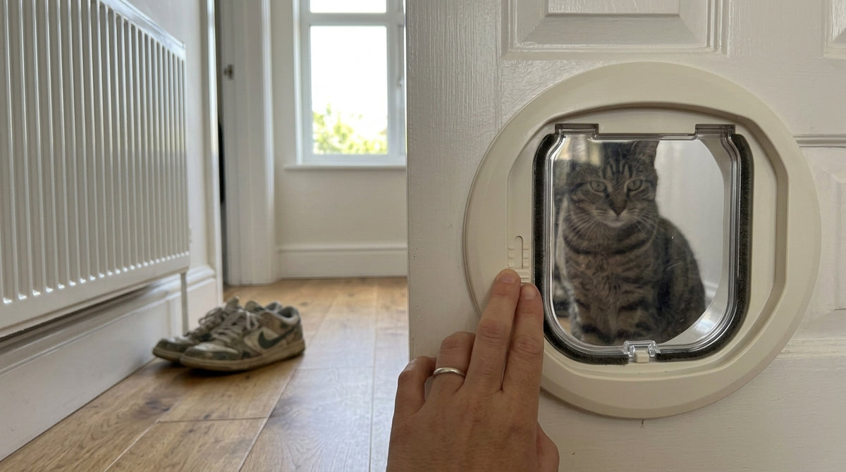 Tabby cat sitting inside the cream Freedom Feline cat flap fitted low in a white interior door, seen from the hallway