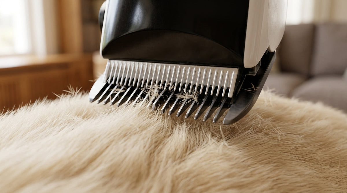 Close-up of the Fur Precision ceramic blade cutting cleanly through thick cream fur
