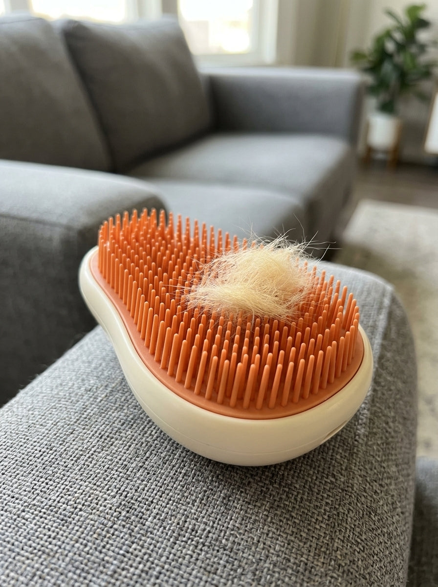 Close-up of the spa brush's silicone bristles holding a tuft of collected fur, resting on a grey sofa