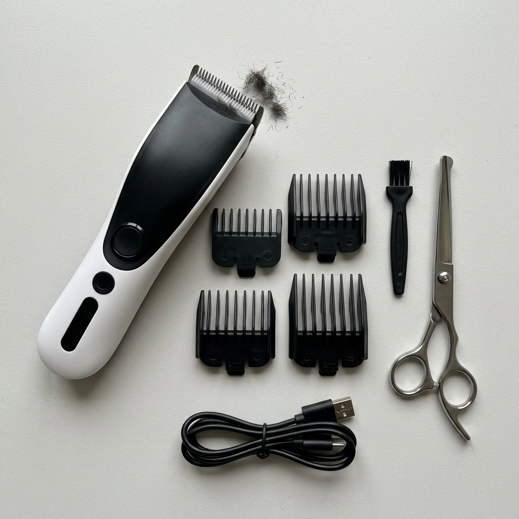 Fur Precision clipper laid out with four guard combs, a cleaning brush, grooming scissors and a USB charging cable