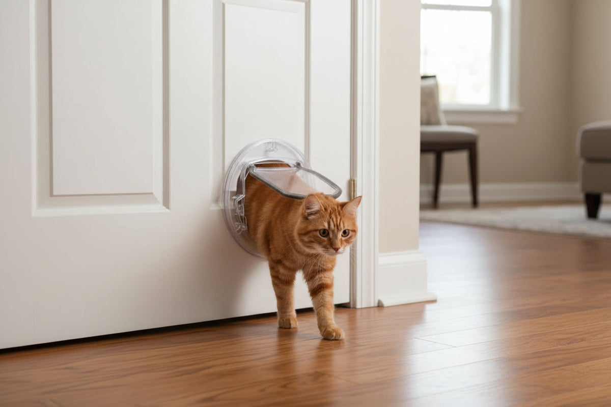Ginger cat coming through the clear Freedom Feline flap fitted near the base of a white panelled door