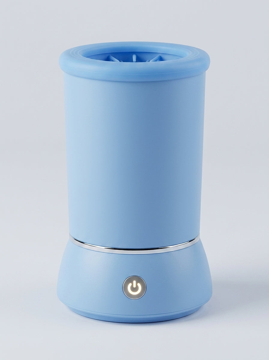 PawWash automatic paw cleaner cup in soft blue, upright on a light grey background with the power button visible on the base