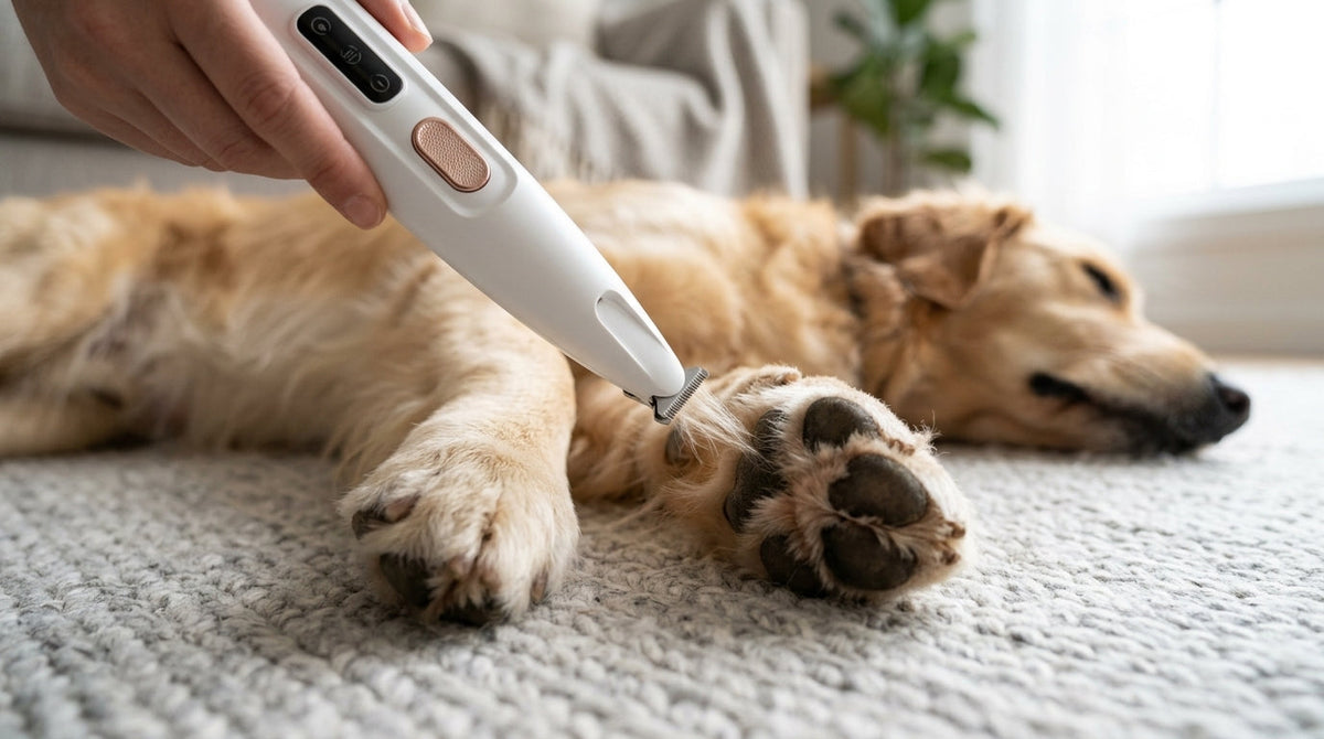 Golden retriever lying on a rug while the fur between its paw pads is trimmed with the LED paw trimmer