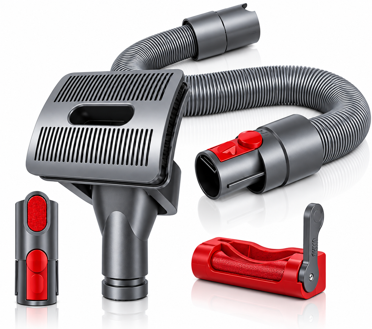 PetVac Complete Kit — grey pet grooming brush head, flexible extension hose, vacuum adapters and the red trigger lock, on a white background