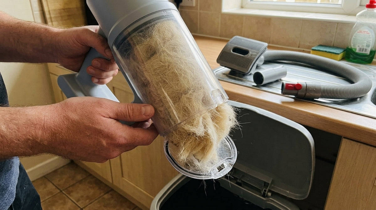 Hands emptying a vacuum canister packed with collected pet hair over a kitchen bin