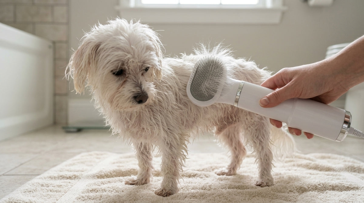 Small white dog standing on a bathroom mat being dried and brushed in one pass with the PawDry dryer brush