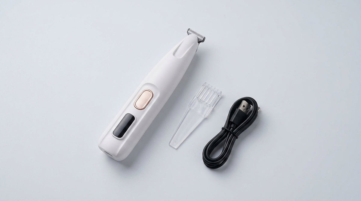 LED paw trimmer in white laid out with its guard comb and USB charging cable on a grey background