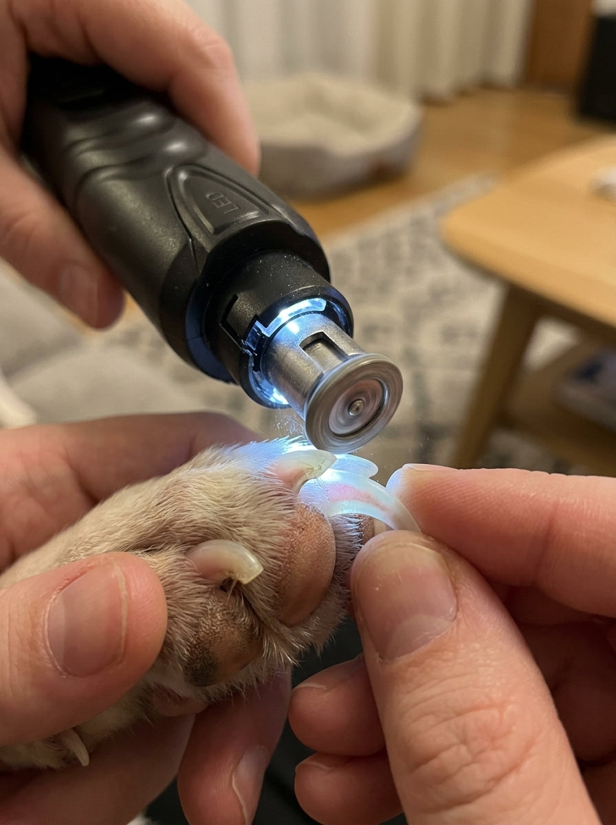 Close-up of the LumiPaw's lit grinding head shaping the nail on a dog's paw