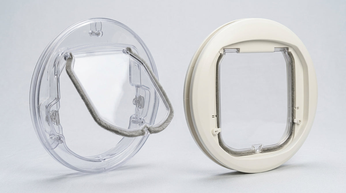 Freedom Feline round cat flap shown in clear and cream finishes side by side on a light background
