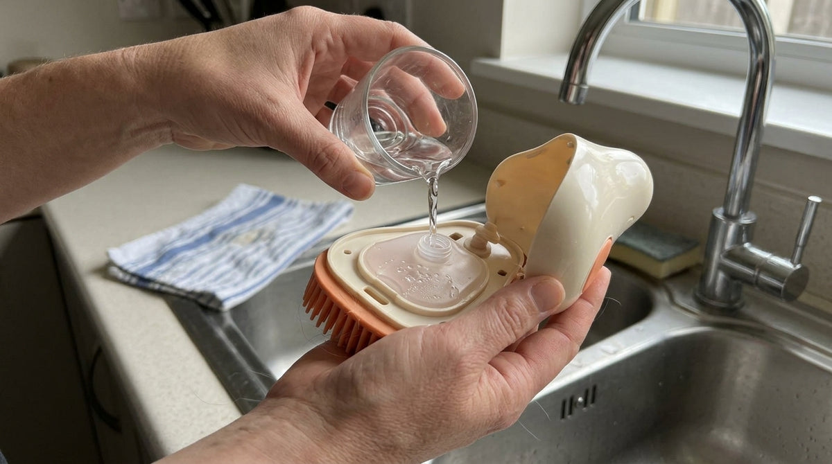Hands filling the 3-in-1 spa brush's built-in shampoo reservoir with water at a kitchen sink