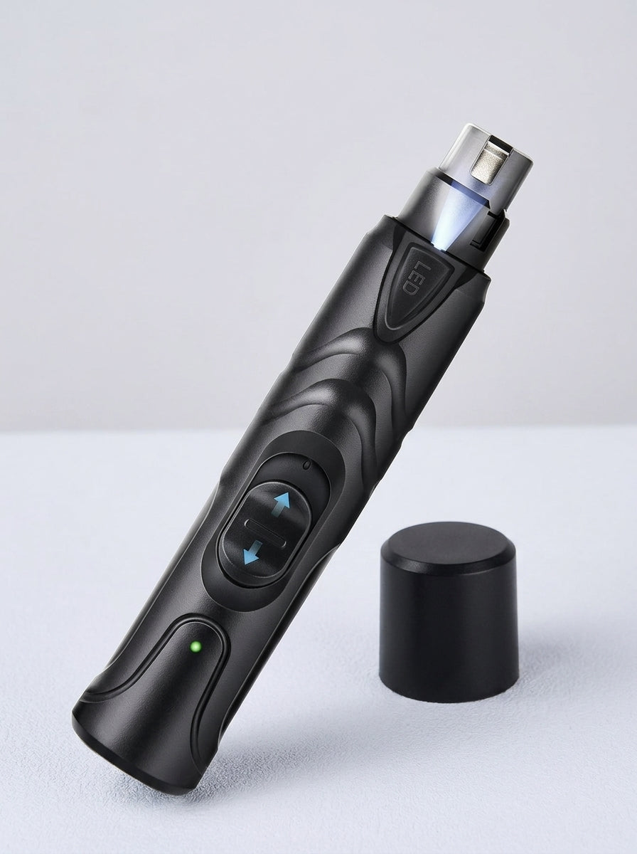 LumiPaw nail grinder in matte black standing upright beside its cap on a light grey background