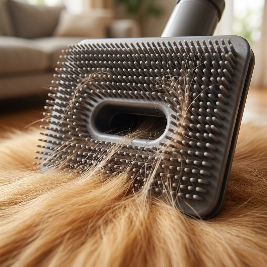 Close-up of the PetVac brush head with its pins lifting loose hair from a golden coat