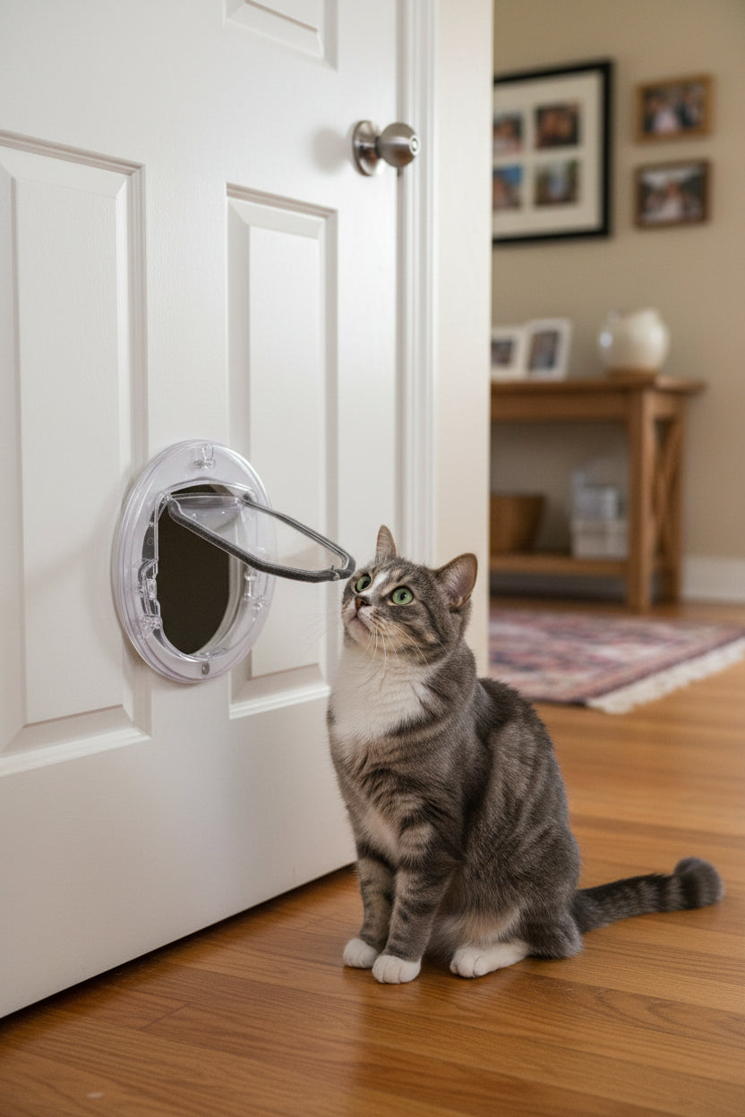 Tabby cat sitting beside a white interior door with the round Freedom Feline flap installed near the bottom