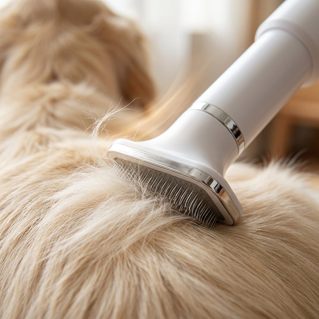 Close-up of the PawDry slicker attachment gliding through thick cream-coloured fur