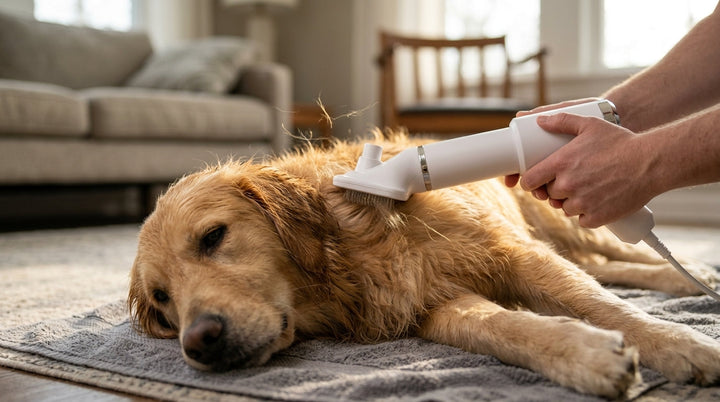 PawDry grooming dryer brush in white with the slicker brush head attached, shown on a plain grey background