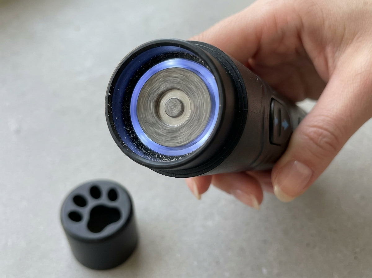 Close-up of the LumiPaw grinder's LED-lit grinding head held in one hand, with the paw-print cap beside it