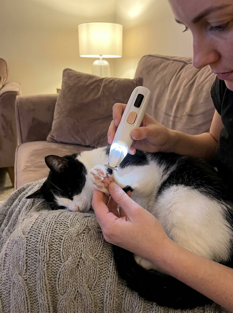 Woman trimming the paw fur of a black and white cat on a sofa, the trimmer's LED light switched on