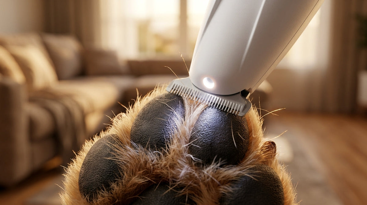 Close-up of the LED-lit blade trimming the fur between a dog's paw pads