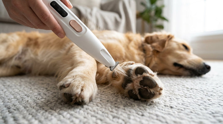 LED paw trimmer in white laid out with its guard comb and USB charging cable on a grey background