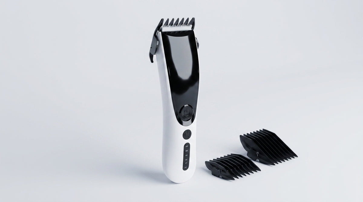 Fur Precision pet shaver in white and black standing upright beside two guard combs on a light background