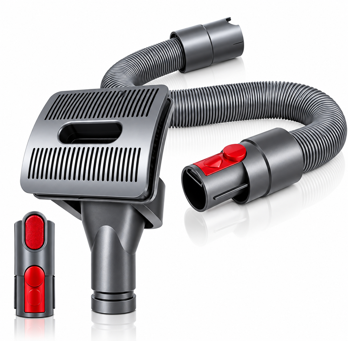 PetVac Standard Kit — grey pet grooming brush head, flexible extension hose and vacuum adapters, on a white background