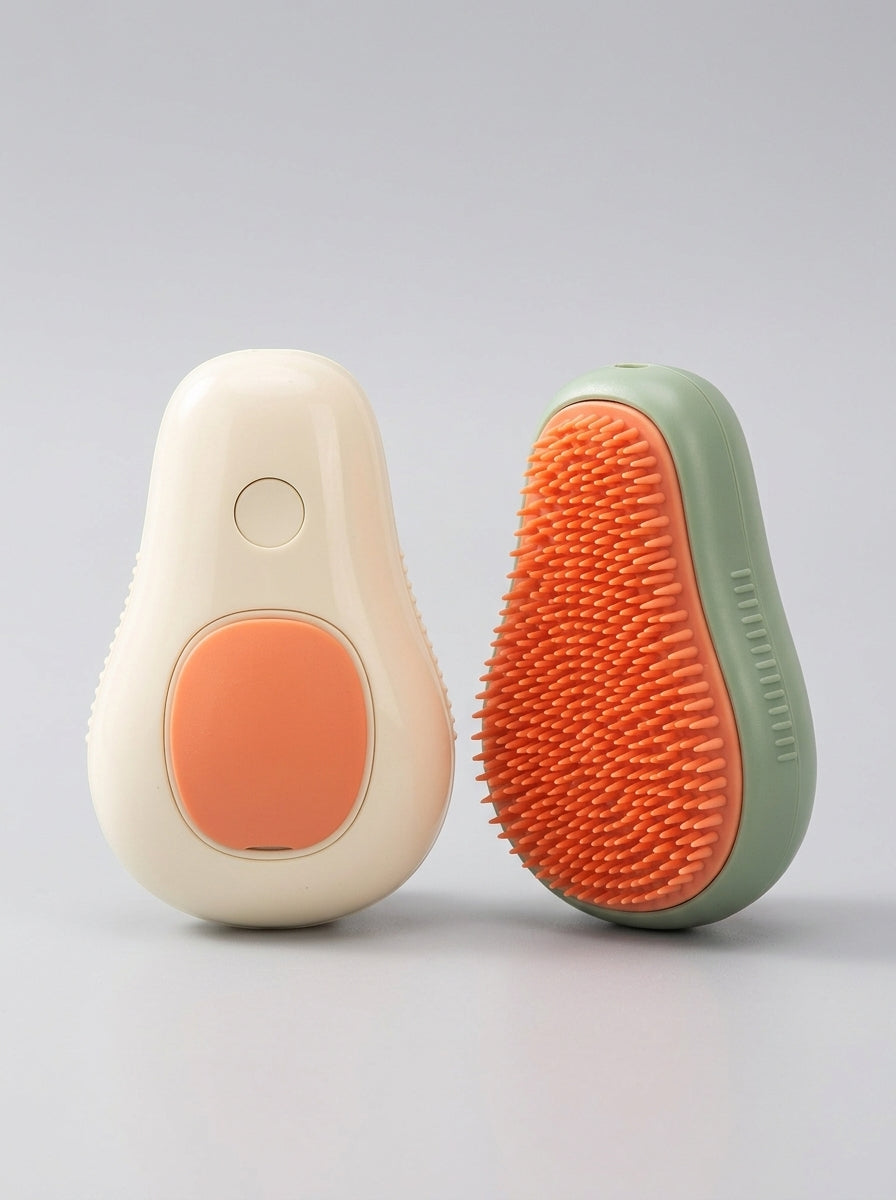 3-in-1 pet spa brush shown in two colourways, one from the top and one showing the orange silicone bristles