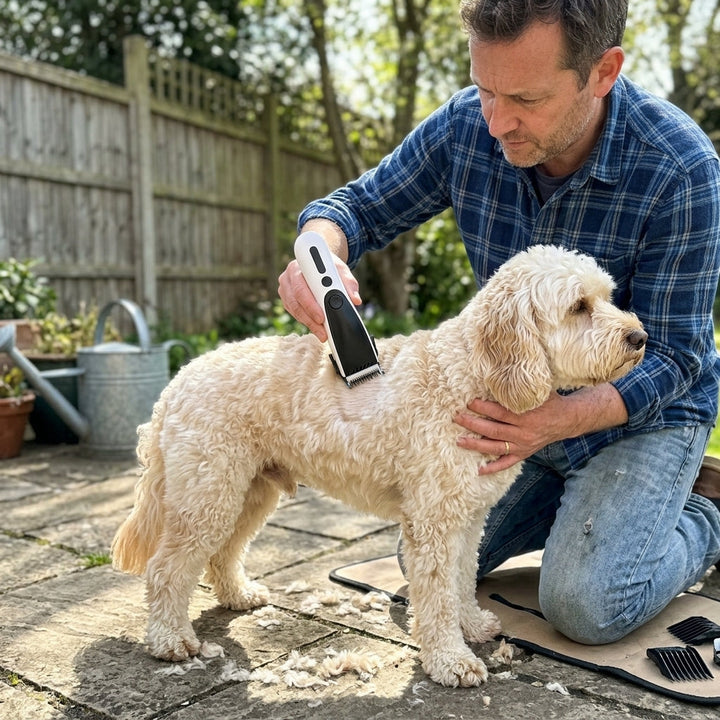 Fur Precision pet shaver in white and black standing upright beside two guard combs on a light background
