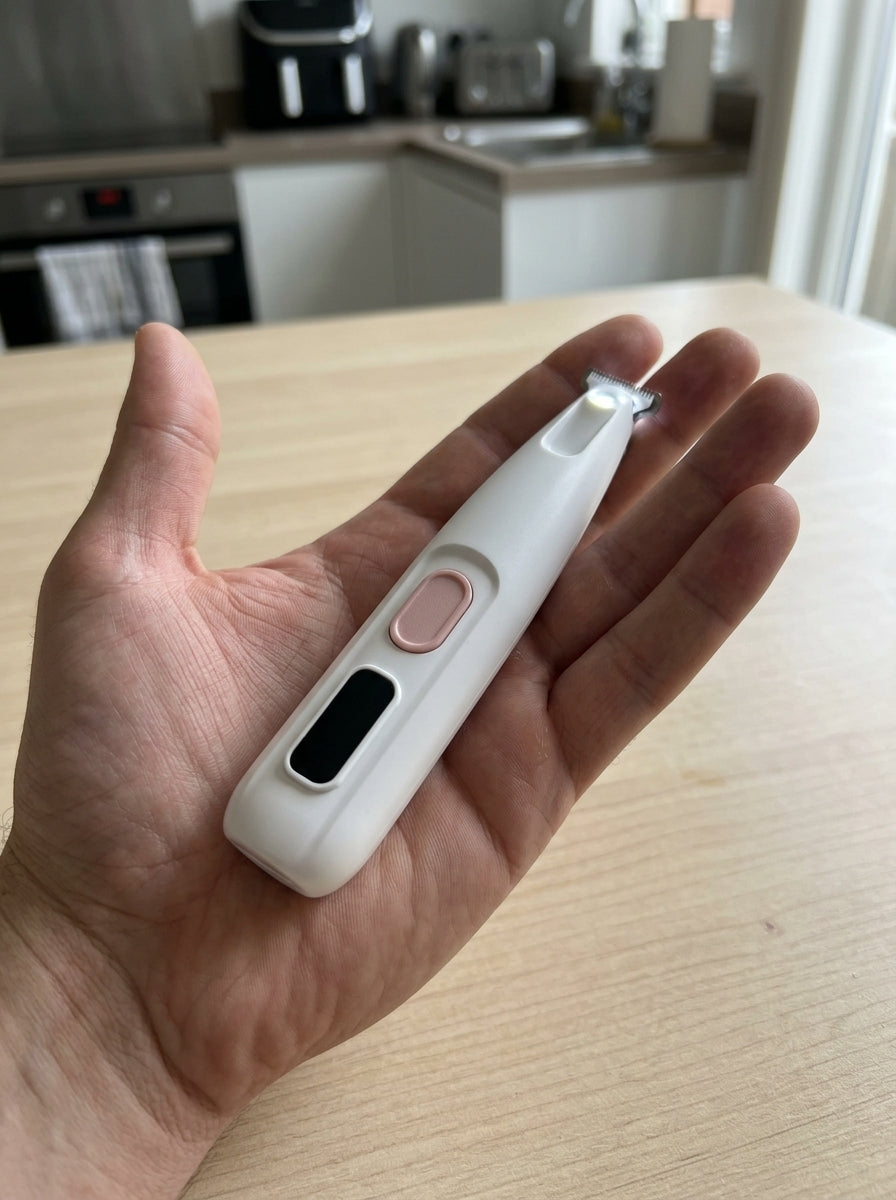 Compact LED paw trimmer held in an open hand to show how small it is