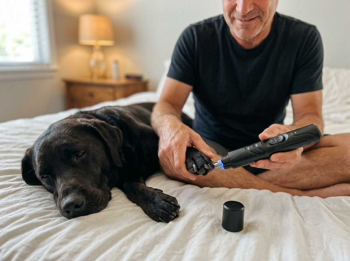 Man using the LumiPaw nail grinder on the paw of a black Labrador resting on a bed