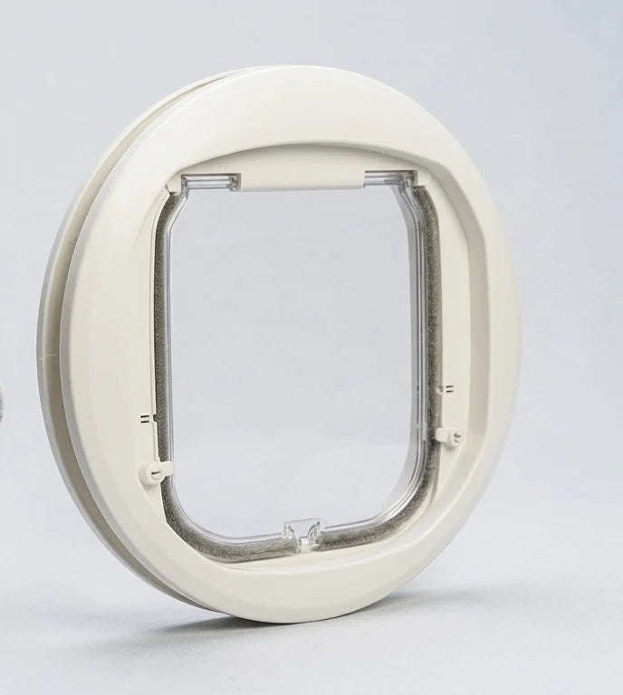 Freedom Feline round cat flap in the white finish, shown on a plain light background