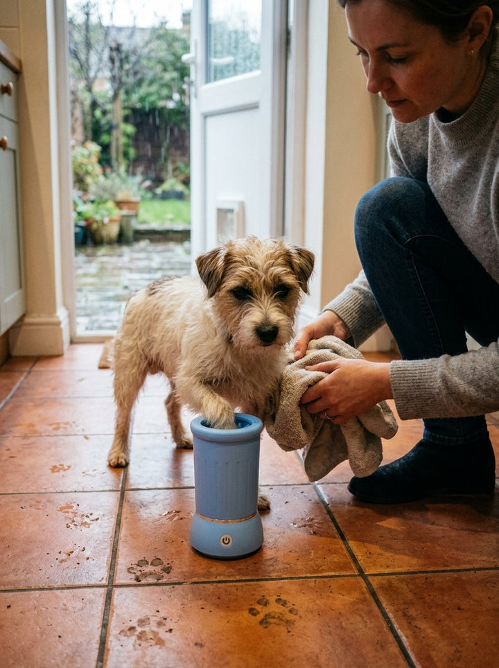 PawWash automatic paw cleaner in white, shown with the removable silicone brush insert and lid on a pale concrete surface