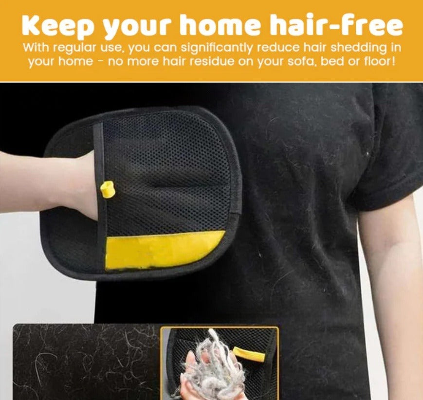 Hand wearing the FurCatch mitt lifting pet hair off a black t-shirt, with the collected hair shown below