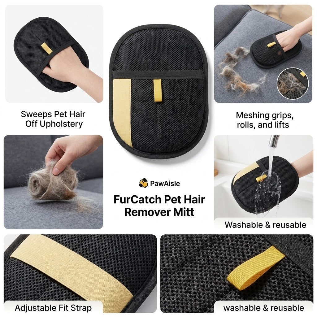 FurCatch mitt feature overview - sweeping hair off upholstery, mesh that grips and lifts, adjustable strap, washable and reusable