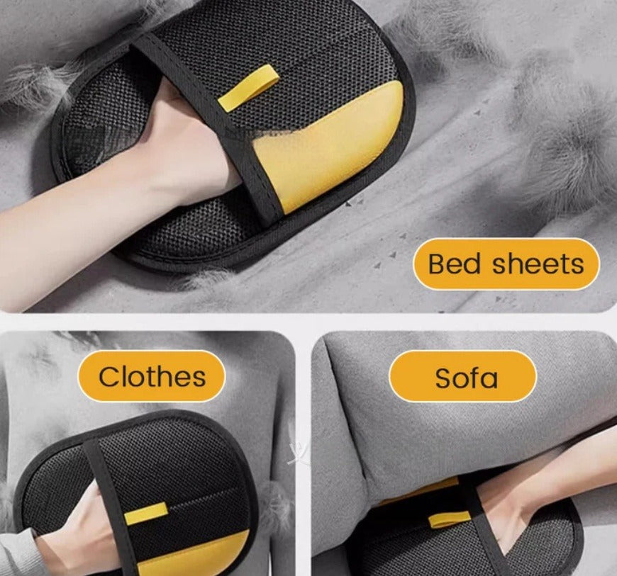 The FurCatch mitt clearing pet hair from bed sheets, clothes and a sofa