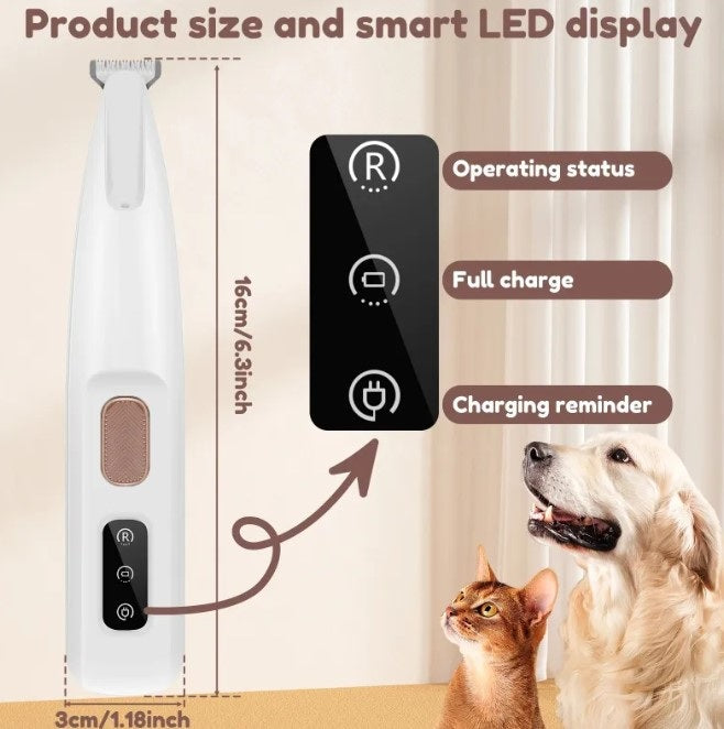 LED paw trimmer shown with its 16cm size guide and the smart LED display icons for operating status, full charge and charging reminder